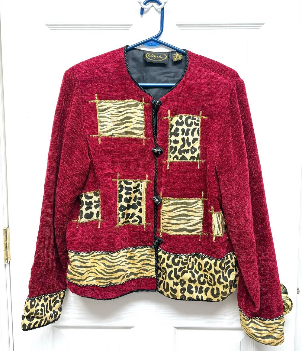 Alex Kim Sweater Red Animal Print Jacket L Venetian Glass Buttons Lined Blazer